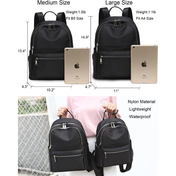 Nylon Large Black Casual Daypack Backpack for Women with Silver Zippers main image 5